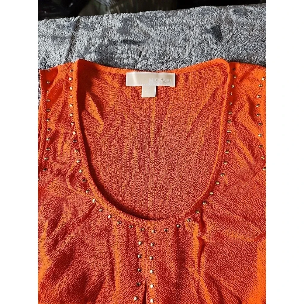 Michael‎ Kors Women's Bright Orange/Gold Studded Scoop Neck Slit Tank Top Size S